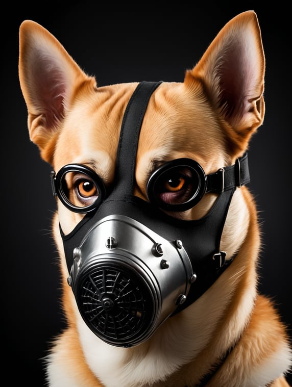 A dog wearing a burglar mask, portrait photography, advertising photography, black background