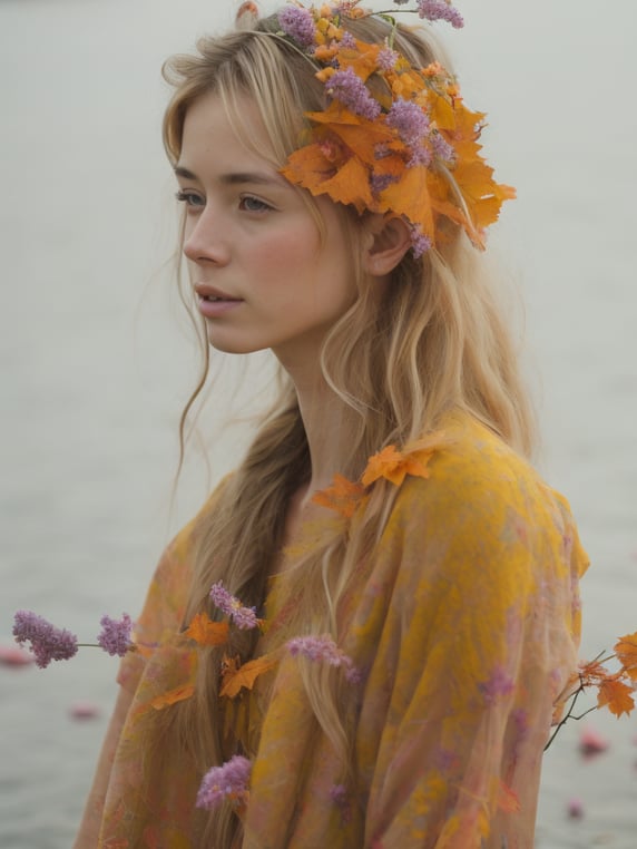 A beautiful full-height girl Around her, flowers are in full bloom, it's morning. The girl is looking at her reflection in the lake. A full-height girl in autumn colors and leaves stands by the lake, looking at her reflection in the water. An image in soft pastel shades: yellow and lavender.