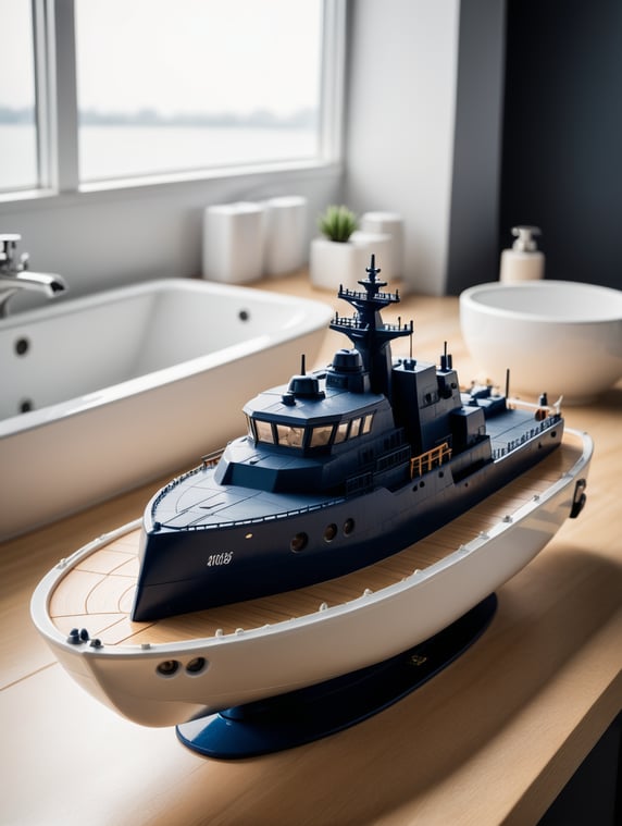 Bath toy navy warships designed by Dieter Rams. Ultra minimalist industrial design. Oak and injection molded plastic. executive toy. Full object in view. Wide hull. Chibi style