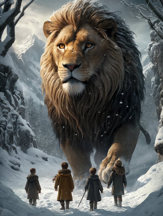 Aslan, from the Lion, the witch and the wardrobe being visited by three children in the snow in Narnia