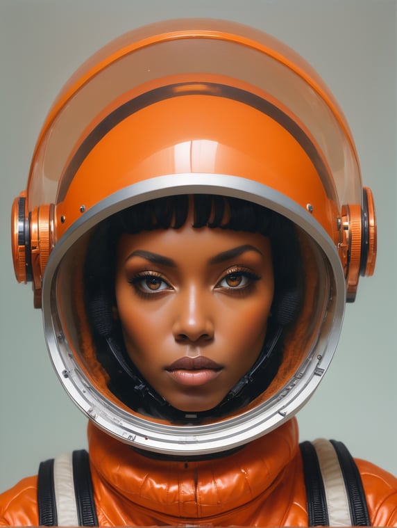 Abstract 1998, Fashion photography, 24mm, long shot, 60's black woman astronaut in orange spacesuit with large plexiglass helmet, 80-degree view, art by Victor Moscoso and Bridget Riley. Kodak Ektar 1008K. Make it magical by Carne Griffiths' fluid art, Conrad Roset, Ilya Kuvshinov, Mark Fielding, Zwy Studio high lights in eyes, salt. Art by Sergio Lopez, Natalie Shau.