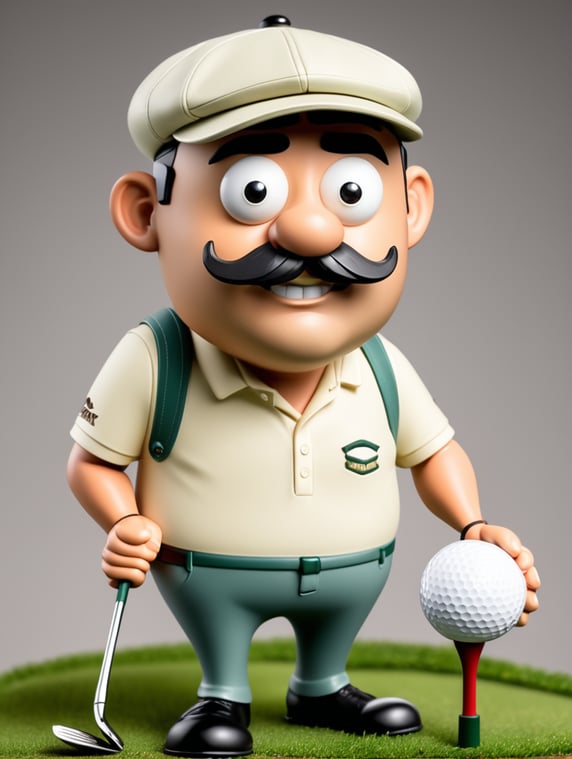 golf caddy with chunky golf ball body, short mustache and flat cap