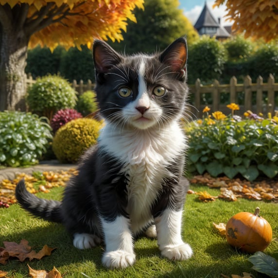 Small black and white kitten sitting on the grass in a small English garden. In the autumn sun. Viewed from ground level.