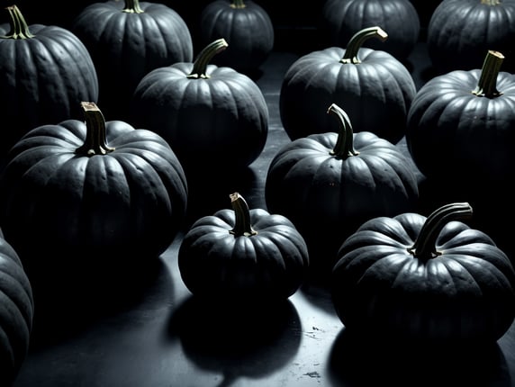 Black pumpkins on a black background 8k 50 pumpkins in view