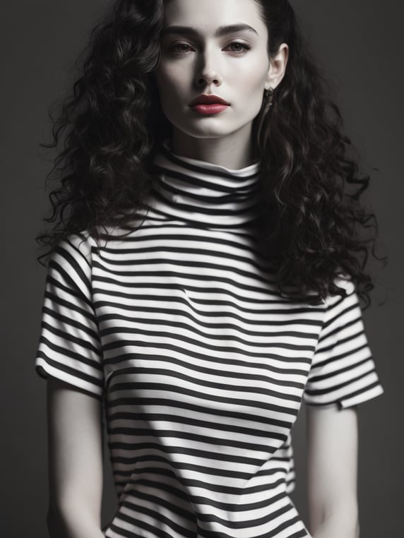 Pale-skinned girl model, wearing a black and white striped dress with a high collar, contrast lighting, Bright red make-up, Black and white curly long hair, dark background, fashion model, magazine cover, professional shot,