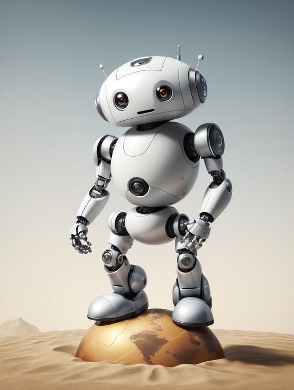 cute robot standing with two feets on the planet earth like robot is standing on a ball