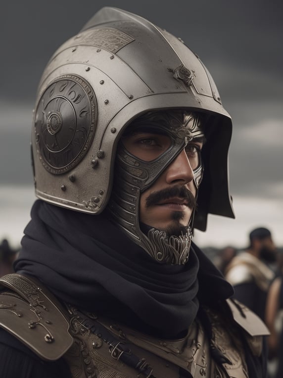 a man in a costume with a large helmet on his head and other people in the background by Alejandro Jodorowsky