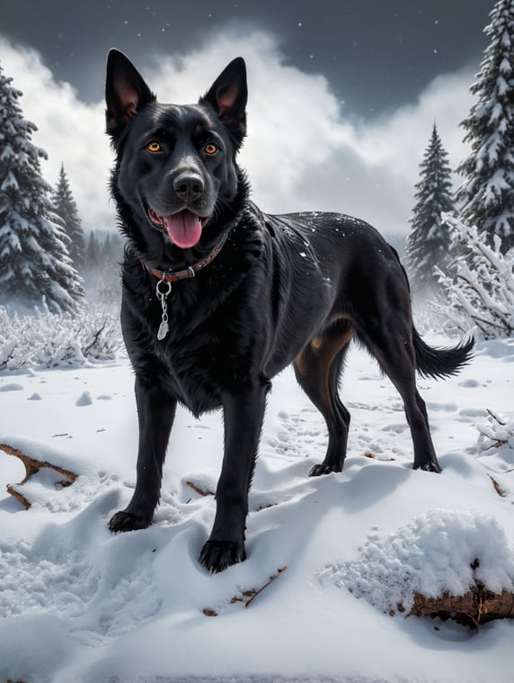 Black dog standing on newly fallen snow, viewed from ground level.