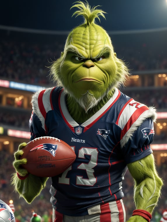grinch wearing the patriots jersey holding a football with Christmas background