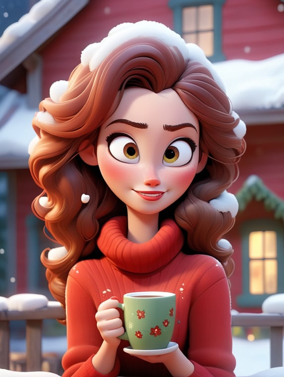 A 24 year old woman with brown wavy hair that reaches just to her shoulder blades, brown eyes, rosy cheeks, medium fair skin. She is wearing a red turtleneck sweater and light wash jeans. She's holding a mug of hot chocolate with 3 mini marshmallows floating in the cup. She is in a cozy house decorated for Christmas and the window is frosted and it's snowing outside.