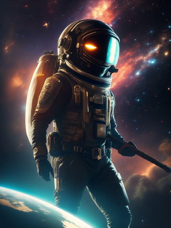 an astronaut in black, facing the universe, playing the guitar instrument, full body, helmet, refractions, daft punk, space in the background, nebula clouds, hyper detailed, digital art, trending in artstation, cinematic lighting, studio quality, smooth render, unreal engine 5 rendered, octane rendered