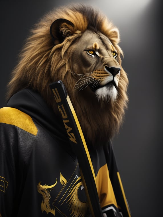 hockey stick, dark black and yellow color, sport, lion head, light and dark, sport style, action, sport dress,