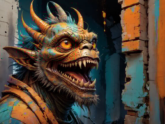 Psychodelic, very scary monster made of bricks.