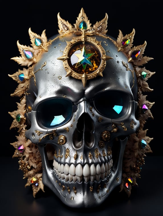 a skull in the middle of a black background made of holographic material with star-shaped glasses and leopard-fur lenses