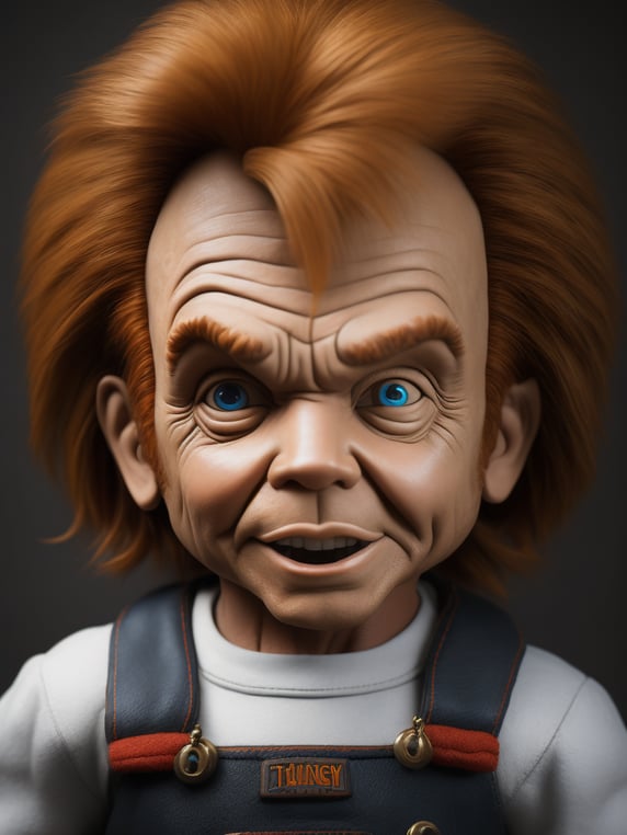 Chuck Norris as an evil Chucky doll in a black Texas ranger hat, devilishly laughing, Chucky Norris bright and saturated colors, highly detailed, sharp focus, Dramatic Lighting, horror movie atmosphere