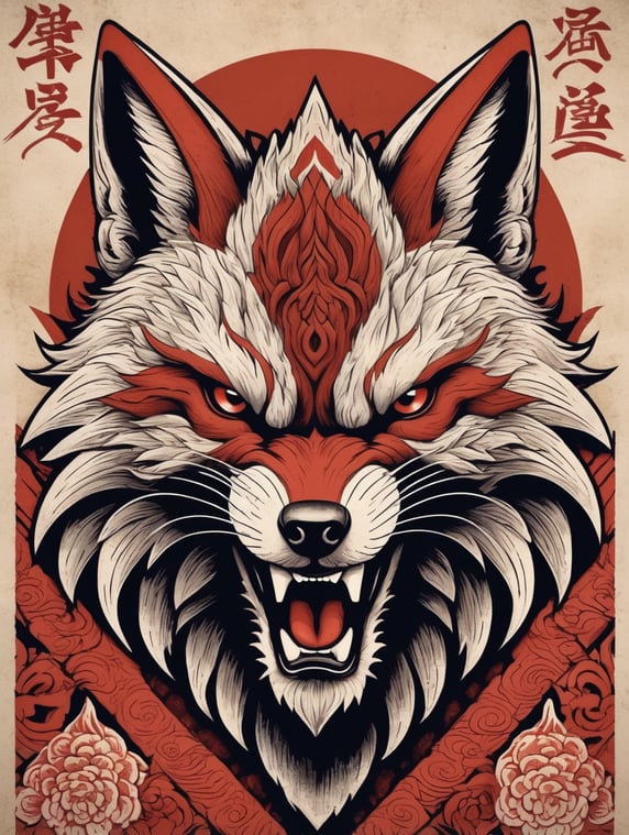 an angry nine-tailed red fox warrior in japanese wood block style