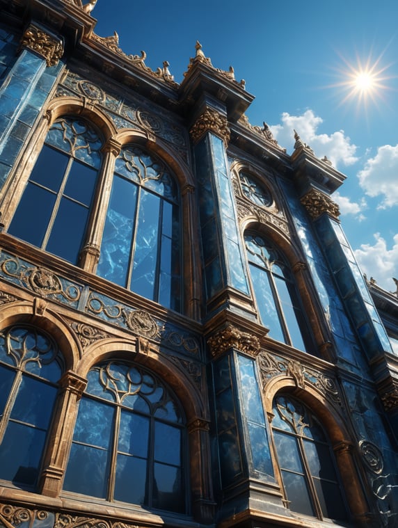 Close up view of the transparent sealant on exterior Facade wall, blue sky, and bright sunlight