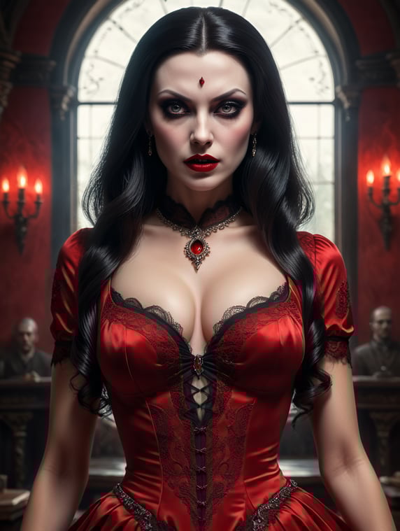 Vampira, alluring, femme fatalle, stunning vampiress, evil eyes, hypnotic gaze,red dress, porcelain skin