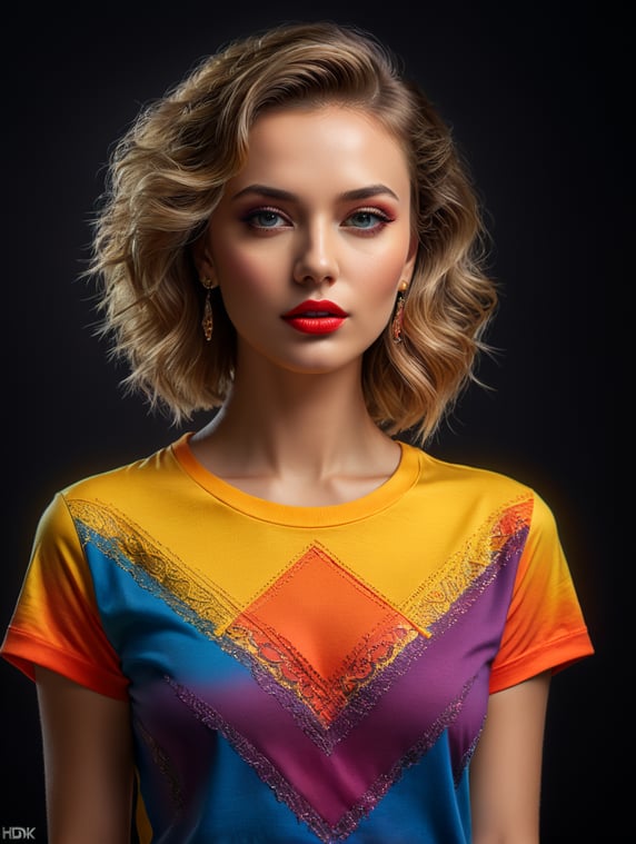 'Portrait of t shirt, bright and saturated colors, elegant, highly detailed, vogue, fashion magazine, sharp focus, bright expressive makeup, dramatic lighting, depth of field, incredibly high detailed, blurred background'