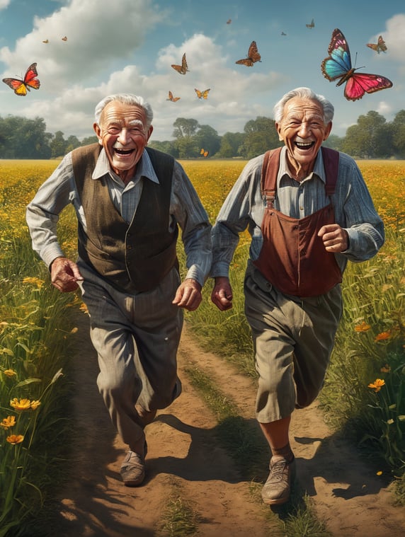 Two retired elder people with wrinkled faces, running in field like children, chasing butterflies, smiling and happy, dressed like children, colourful.