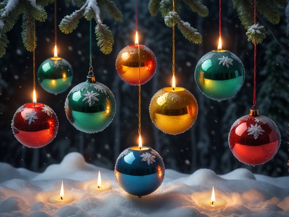 five christmas tree balls on long string, snow, candle