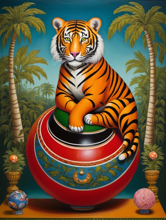 a tiger on a ball, style of Catherine Nolin, Painting, Acrylic, Oil, Portrait, Interior, USA
