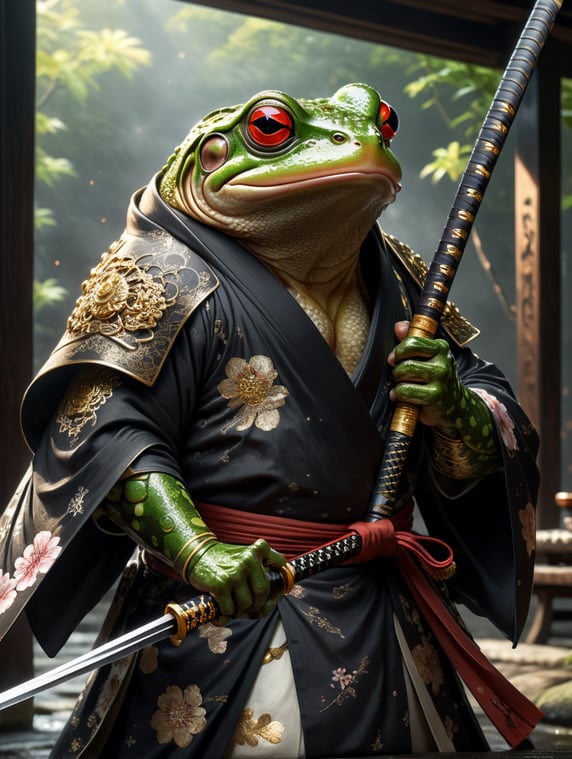 Manga frog wielding a Katana and wearing a minimalist kimono