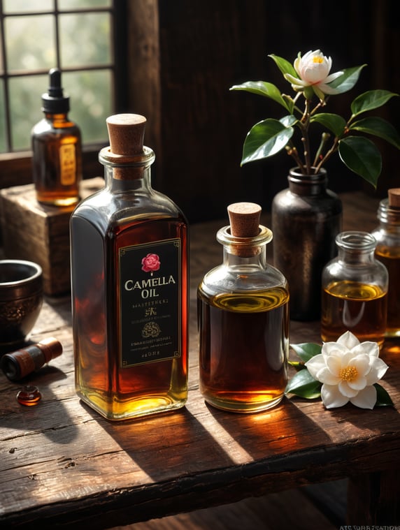 Oil vintage bottle rustic table Japanese camelia dramatic light professional photo hair oil