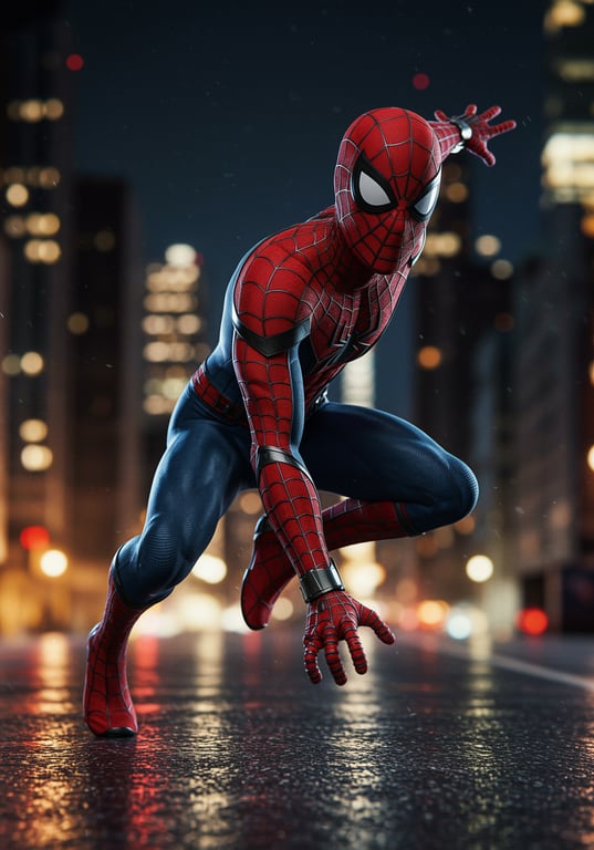 Hyper-realistic 3D render of Spider-Man, advanced suit material with fabric micro-details, realistic muscle anatomy under the suit, cinematic city night lighting, wet asphalt reflections, dynamic pose mid-jump, Unreal Engine 5 quality, volumetric lighting, depth of field, 8K textures, photoreal CGI
