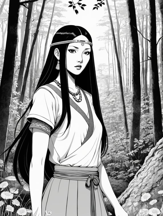Pocahontas, Illustration, Manga, Horror, B , Japanese, style of Junji Ito; Pocahontas, Illustration, Manga, Horror, B , Japan, style of Junji Ito