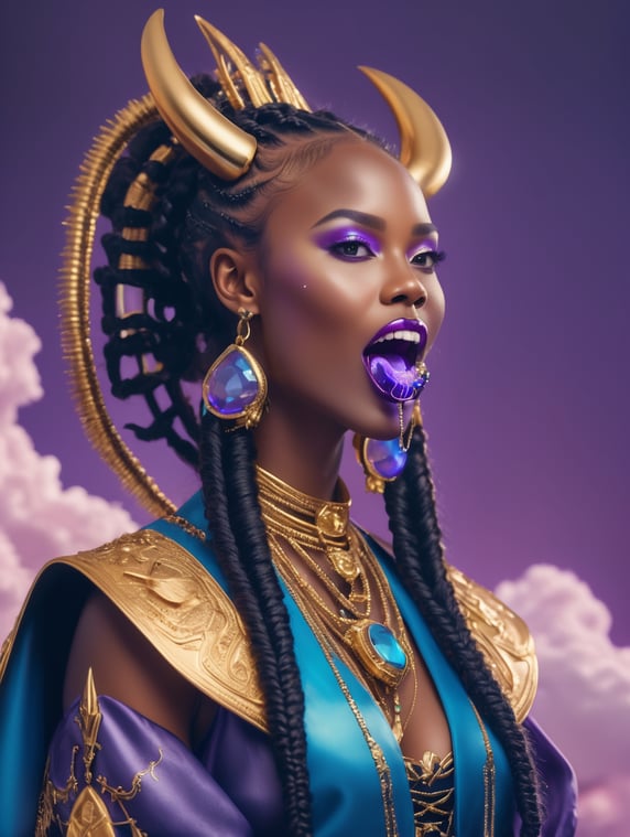 African woman with neon lights on purple background standing on clouds sticking her tongue out with gold vampire teeth and black robe braids 1980s blue robotic lizard with diamonds plants astrology