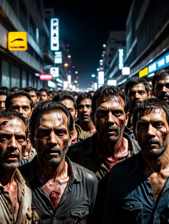 a bunch of zombies like "the walking dead" tv show in São Paulo downtwon at night, perspective