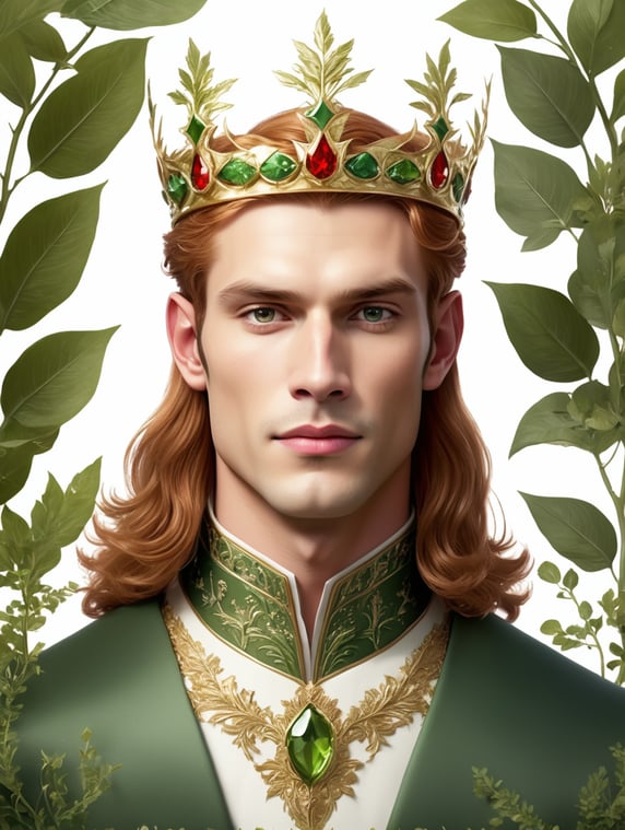 Create the prince of the plant kingdom who dresses in green, his nose is repainted, his hair is short and red, his skin is white and he is thin and with an innocent appearance, he wears very feminine clothes, the face of the prince is a little feminine, his crown is golden and with some branches with green leaves; Crea al principe del reino de las plantas que vista de color verde, su nariz sea repintada, su cabello es corto y de color rojo, su piel es blanca y el es delgado y con una apariencia inocente, utiliza ropa muy femenina, la cara del principe es un pocomo femenina, su corona es dorada y con algunas ramas con hojas verdes