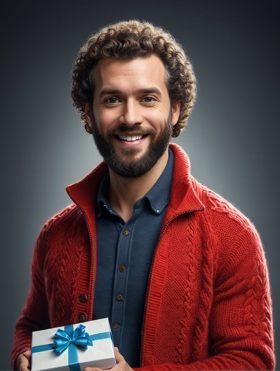 portrait of a bearded curly man wearing red knitted jacket, stands front camera with gift box his hand, happy birthday images, spring time