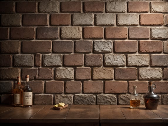 Large weathered brick wall, inside a contemporary minimalist, rustic distillery.; Muro de ladrillo desgastado grande, dentro de una destilería minimalista, rústica contemporánea.