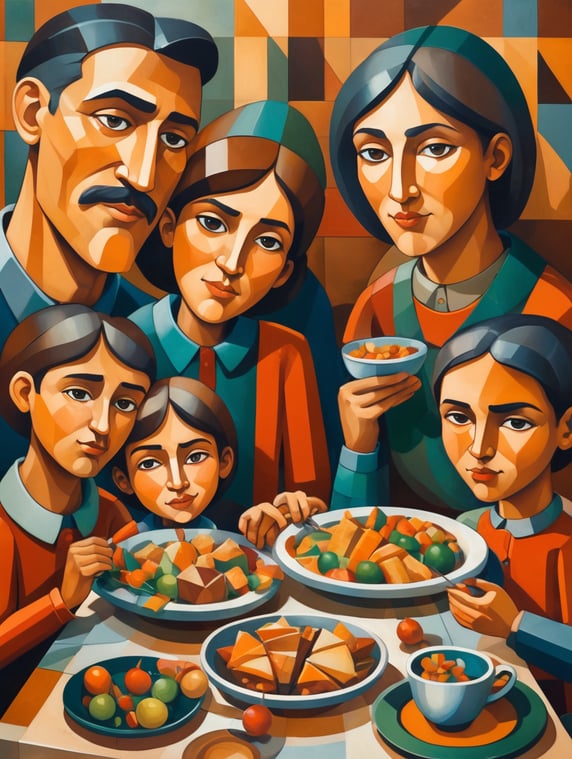 cubism painting with detailed shapes about family eating together in the table for Christmas celebration with detailed line or shapes on the faces of the people