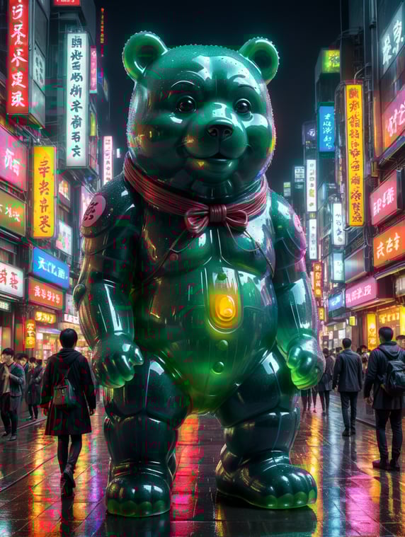 A giant Japanese gummy bear, translucent, 4 stories tall, walking through Tokyo at night, neon rainy city, cyberpunk, techno city