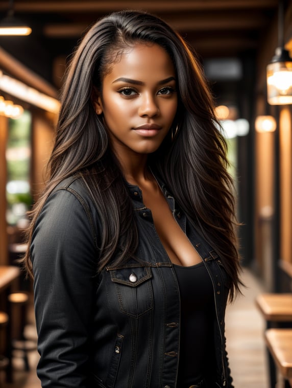 a beautiful black girl with straight, long, black and thick hair. She wears a black denim jacket and black jeans she is in a Mexican environment hyper realistic and detailed photo; uma linda garota negra de cabelos lisos, compridos, pretos e espessos. ela usa uma jaqueta jeans preta e uma calça jeans preta ela esta em um ambiente mexicano foto hiper realista e detalhada