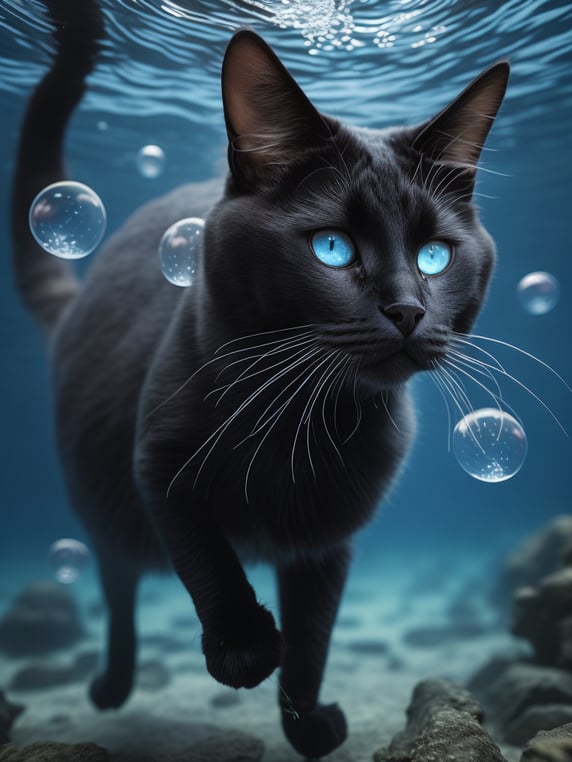a pure black furred cat with blue eyes underwater, full body pawpads swimming , exhaling bubbles