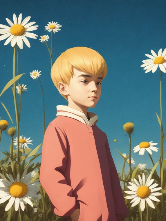 a cartoon boy, in the style of light gold and pink, , studyblr, fanciful costume design, grainy, kawaii, francis davis millet, a stamp with a big field of daisies on it, in the style of lo-fi aesthetics, realistic scenery, realistic blue skies, minimalist landscapes, framing, flickr, y2k aesthetic