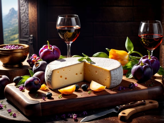 CINEMATIC STILL PHOTOGRAPH OF A GOURMET CHEESE AND HAM BOARD WITH A PURPLE TULIP AND BLANK SIGNS