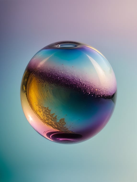 a singular object, floating in mid air, trippy, looks like a ball of liquid porcelain, gloss, shine, otherworldly, nature, photorealism, y2k, rave, plain light blue colour background, light green, pinks, purple, yellow