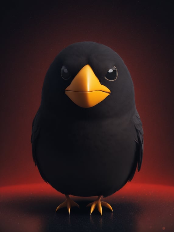 angry birds, black round bird on red background, standing centered in 3D style, rendered using beautiful Disney animation, Pixar style, Disney style, 3D style