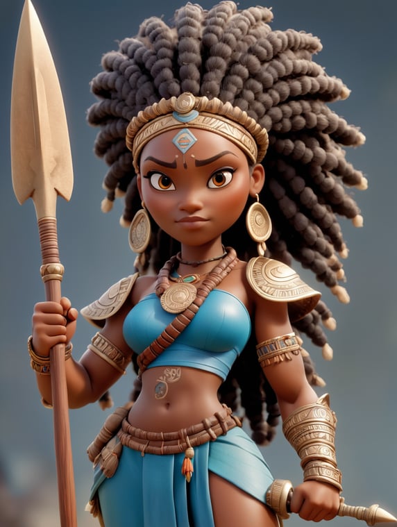 African woman, Amazon warrior, determined, braided hair, wearing a cowrie bracelet on her left arm, holding a spear in her right hand,; femme africaine, guerrière amazone, determiné, cheveux tressées, portant un bracelet de cauri au niveau du bras gauche, tenant une lance dans la main droite,