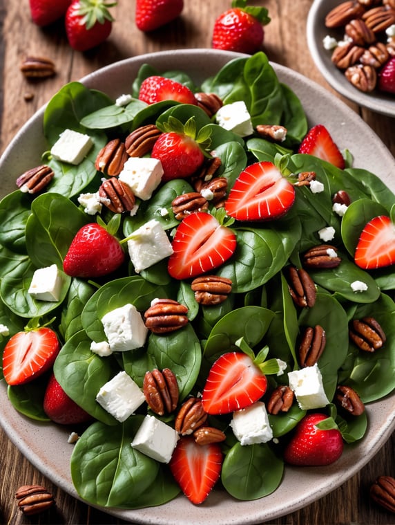 Spinach and Strawberry Salad, small plate on a wooden table, Description: A sweet and savory combination of fresh baby spinach, ripe strawberries, goat cheese, and candied pecans, often served with a balsamic vinaigrette.