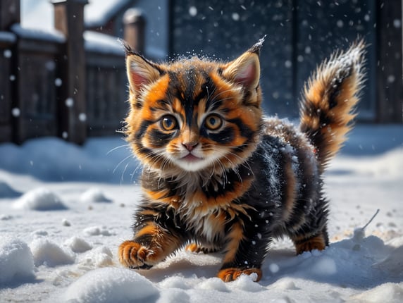 A small tortoiseshell kitten playing in the snow