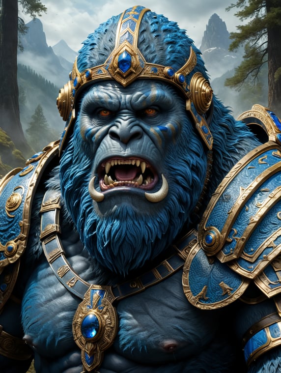 blue sasquatch with no mouth or nose, wearing a Roman legionnaires costume