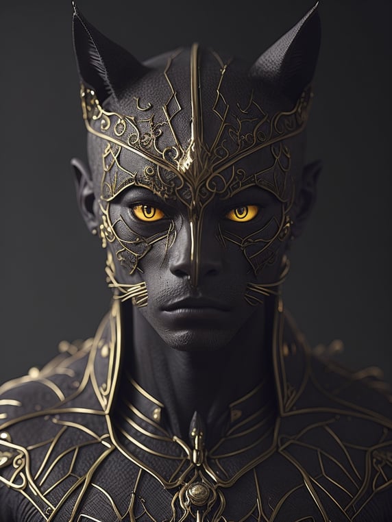 [anthropomorphism cat man in full growth], full body,in full growth, glowing eyes, looking at viewer, dark fantasy demon, gothic cyber, horror egyptian mythology, mysterious golden metal wires, fractional shiny crystals, cult ritual, (masterpiece:1.2) :: (best quality:1.2) :: (intricate) :: (wallpaper), global illumination, ray tracing,