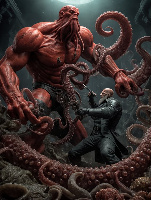 Hellboy fighting a octopus monster