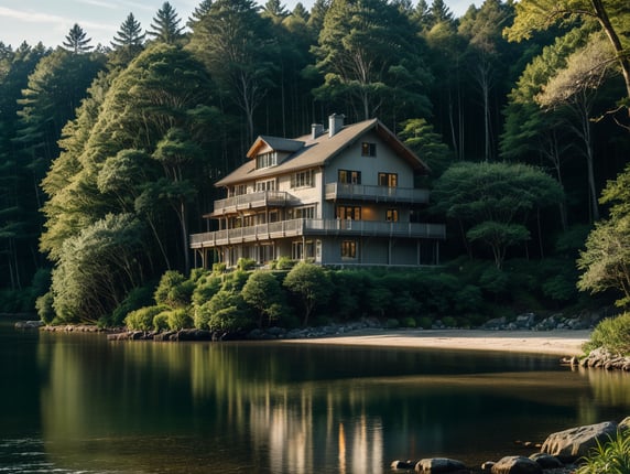 A house by the water with a forest in the background